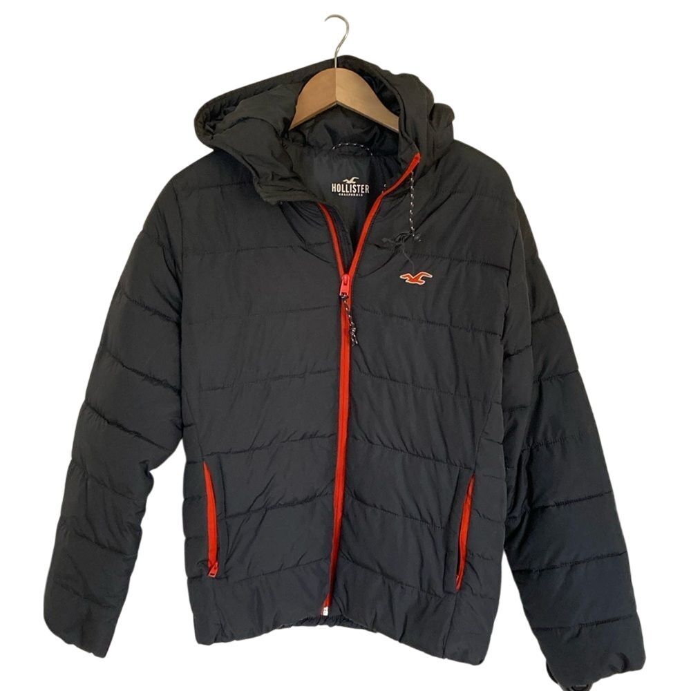 Hollister Mens Puffer Full Zip Coat Jacket Size Small‎ Grey Hooded